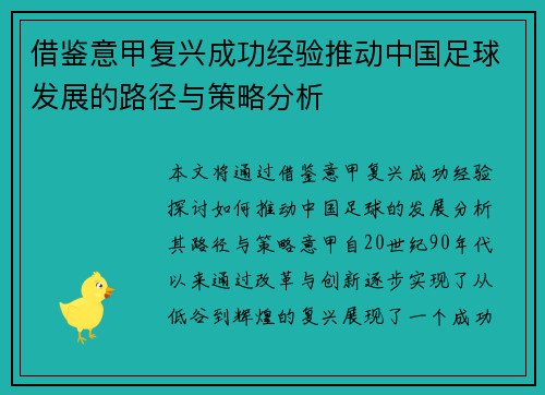 借鉴意甲复兴成功经验推动中国足球发展的路径与策略分析